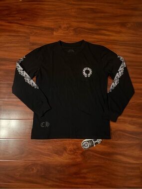 Chrome Hearts Black Long Sleeve Tee with White Sleeve Graphics